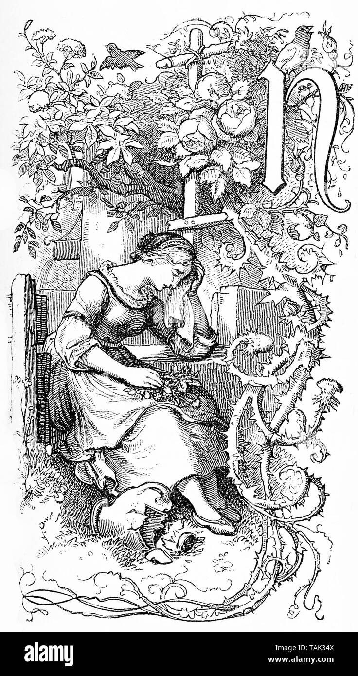 Capital letter N as chapter frontispiece decorated with a sad girl crying and a flourish of spiny leaves and flowers Stock Photo