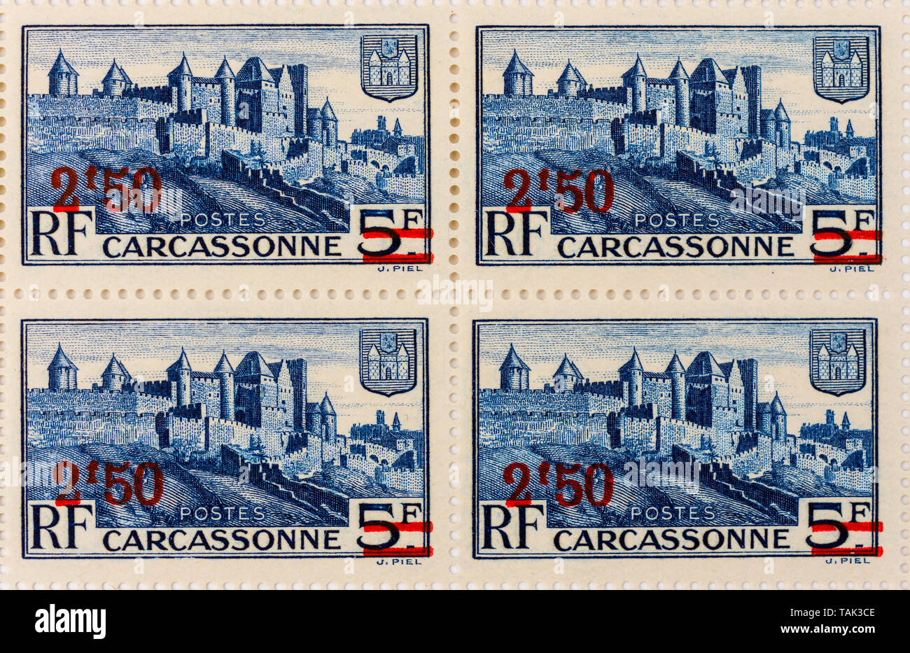 Block of 4 unused French 1941 'Carcassonne' postage stamps. Stock Photo