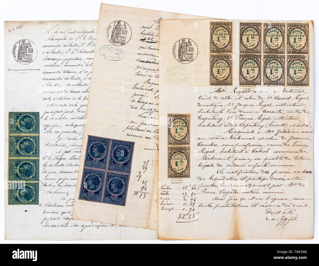 19th century French fiscal tax stamps. Stock Photo