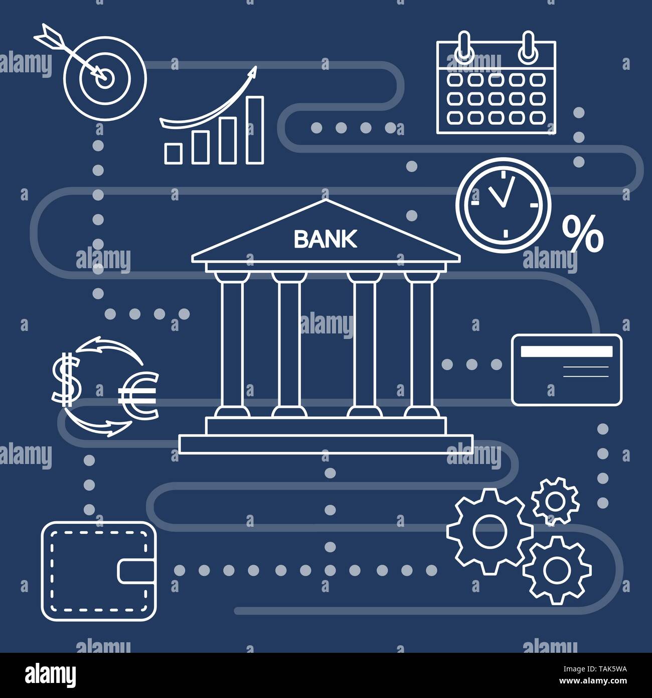 Vector illustration with banking line icon. Bank building, credit card,  percentage, profit growth chart, currency exchange, gears, wallet. Finance,  mo Stock Vector Image & Art - Alamy