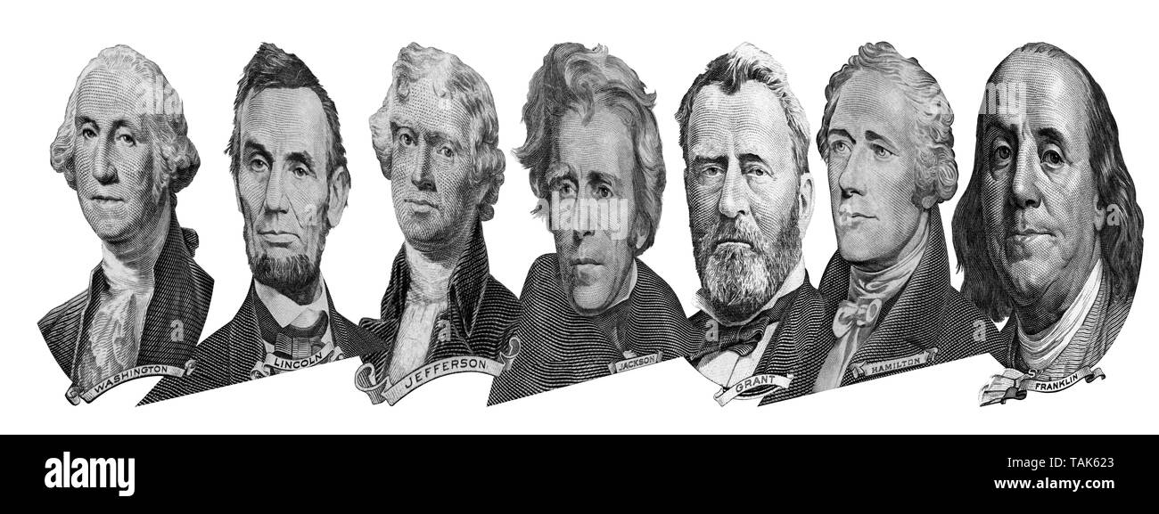 Portraits of America presidents and politicians from dollars isolated on white background. Photo at an angle of 45 degrees. Stock Photo