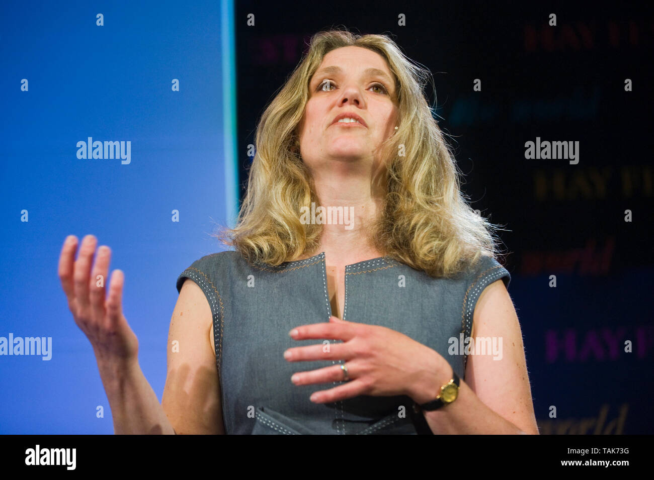 Emily Shuckburgh OBE climate scientist and mathematician speaking about climate change on stage at Hay Festival Hay-on-Wye Powys Wales UK Stock Photo