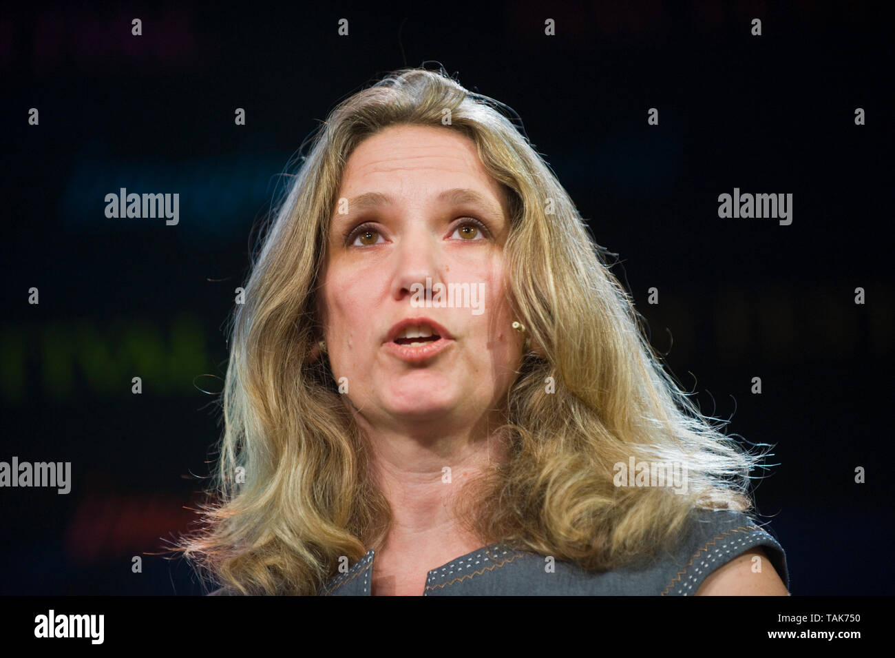 Emily Shuckburgh OBE climate scientist and mathematician speaking about climate change on stage at Hay Festival Hay-on-Wye Powys Wales UK Stock Photo