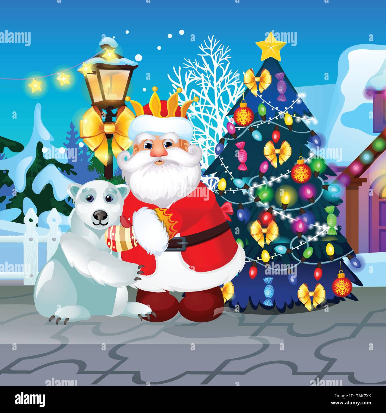Decorated Christmas tree, lamppost animated Santa Claus and polar bear. Sample of poster, party holiday invitation, festive card. Vector cartoon close Stock Vector
