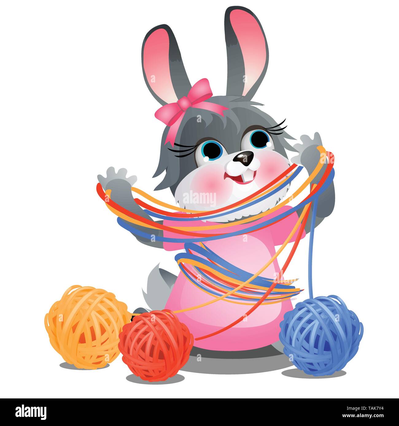 Cute naughty bunny playing with tangles of woolen colored yarn isolated on white background. Vector cartoon close-up illustration. Stock Vector