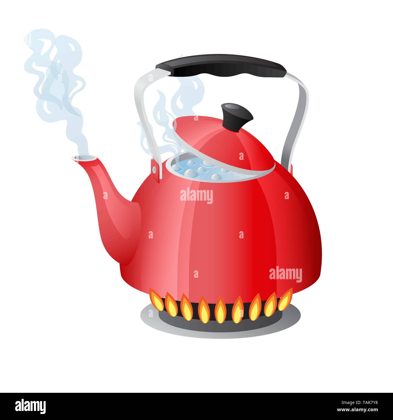 Red kettle with boiling water on kitchen stove flame Stock Vector