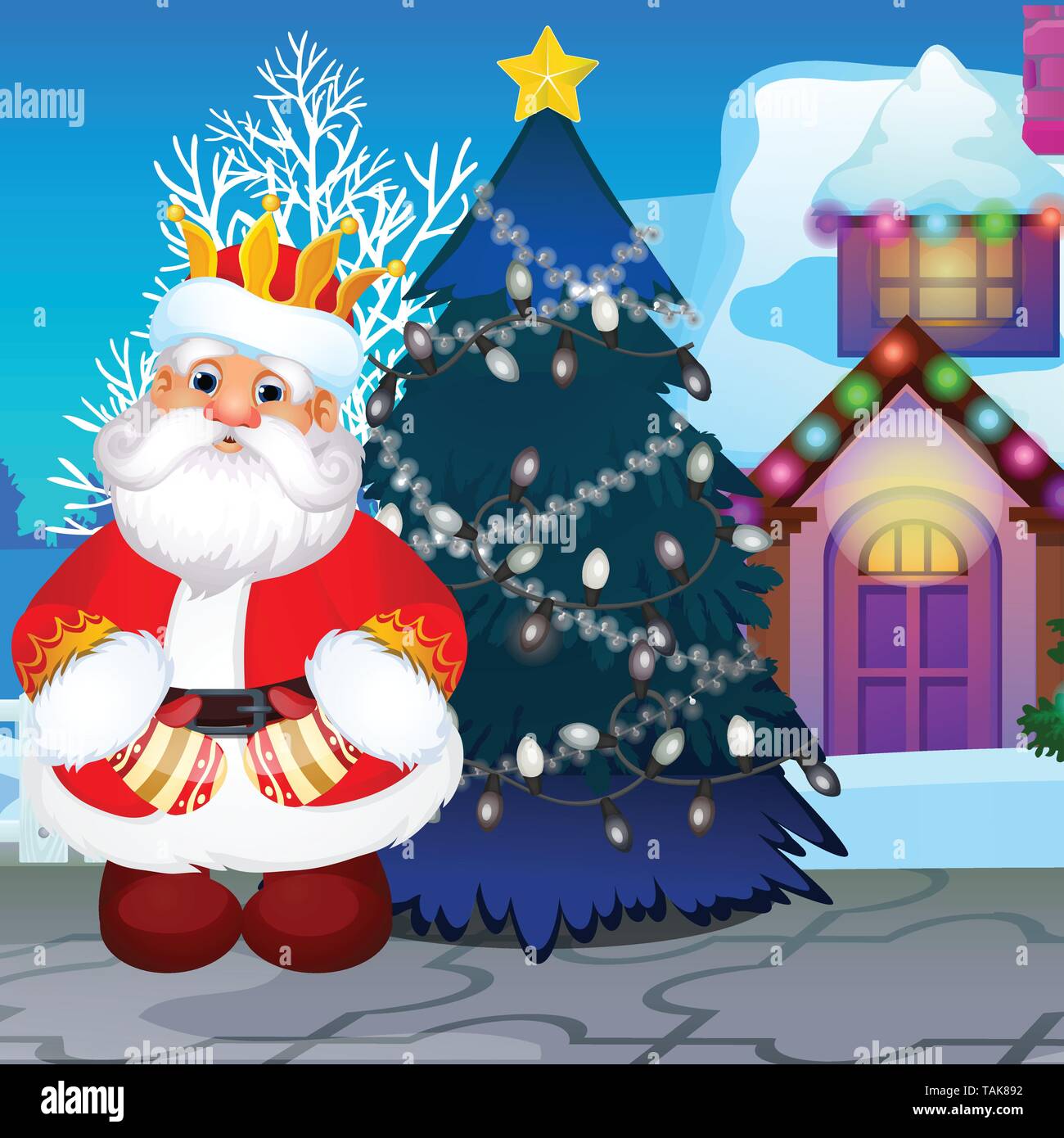 Badly decorated Christmas tree with not lighted garland, animated sad Santa Claus. Sample of New Year poster. Vector cartoon close-up illustration Stock Vector