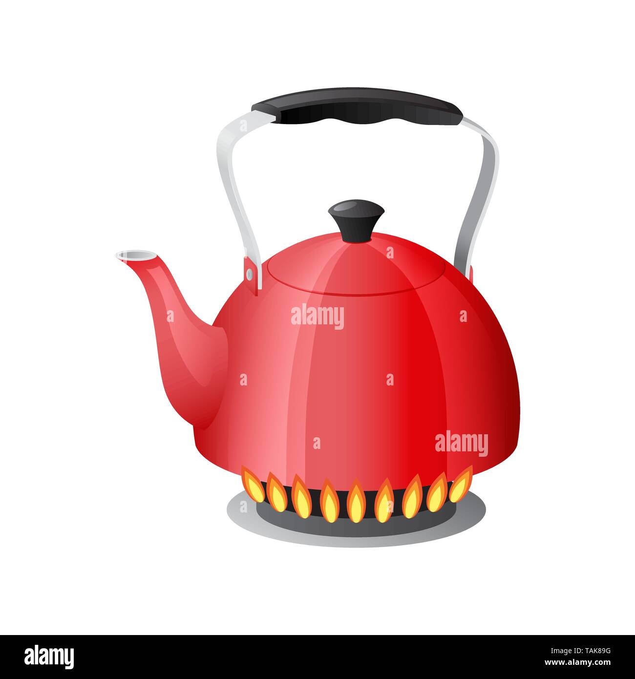Red kettle with boiling water on kitchen stove flame Stock Vector