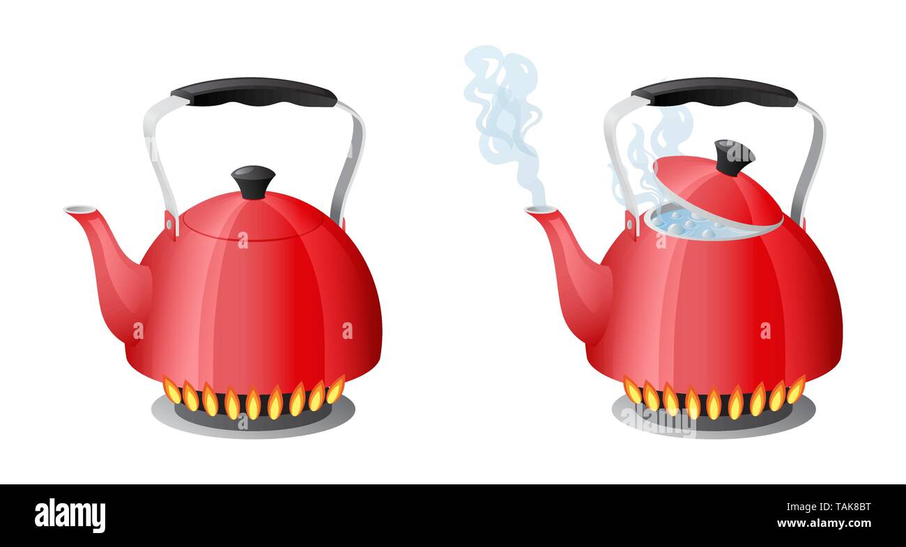 Red kettle with boiling water on kitchen stove flame Stock Vector