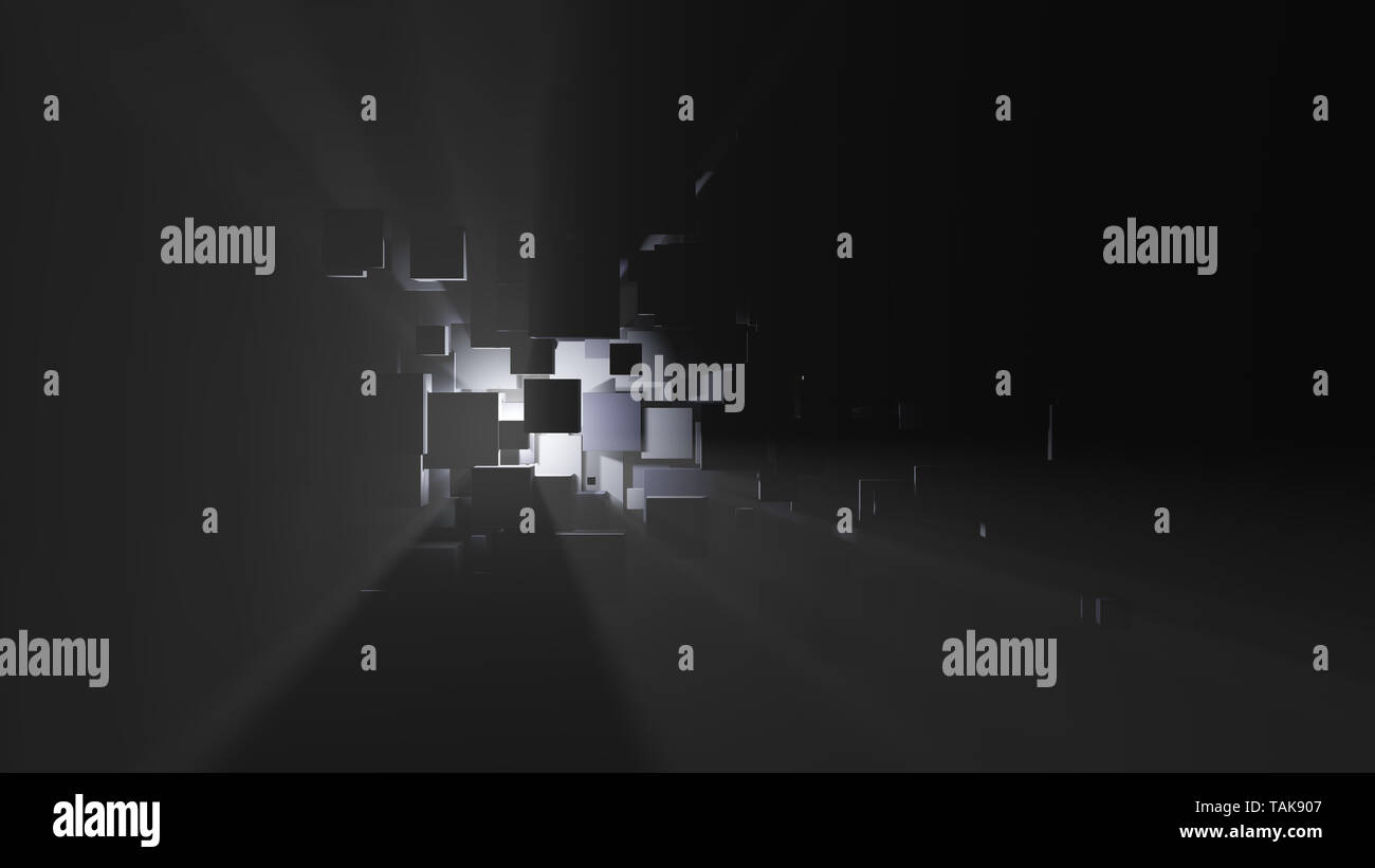 Abstract background of boxes, light rays and fog Stock Photo - Alamy