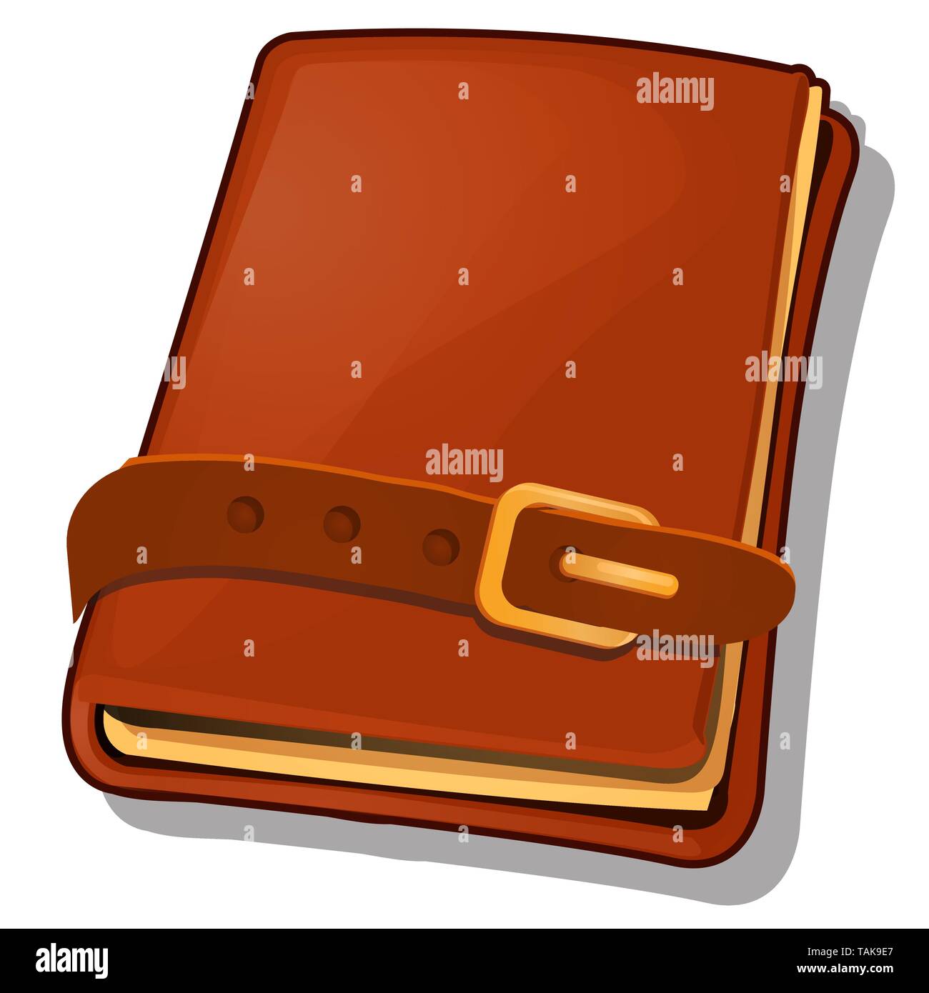 Old book with leathern brown cover and strap with copper buckle isolated on white background. Cartoon vector illustration close-up. Stock Vector