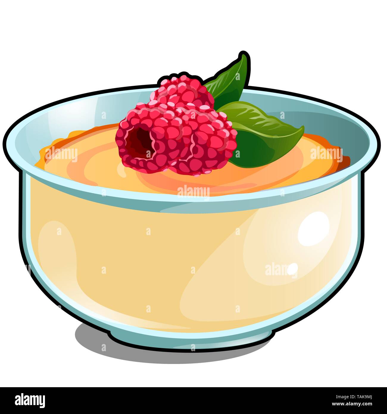 Childrens porridge with fresh berries raspberry isolated on white background. Nutrition for infants children. Vector cartoon illustration close-up. Stock Vector