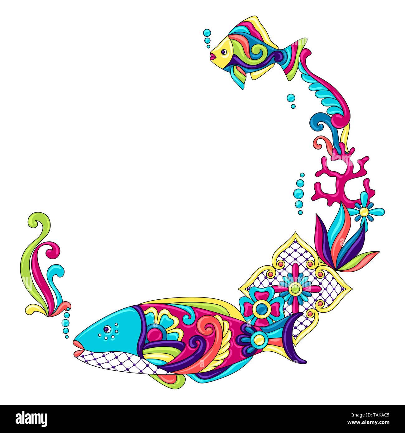Decorative frame with fishes. Mexican ceramic cute naive art. Stock Vector