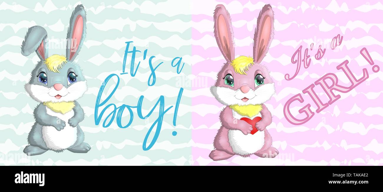 Baby Shower greeting card with babies bunny boy and girl Stock Vector ...
