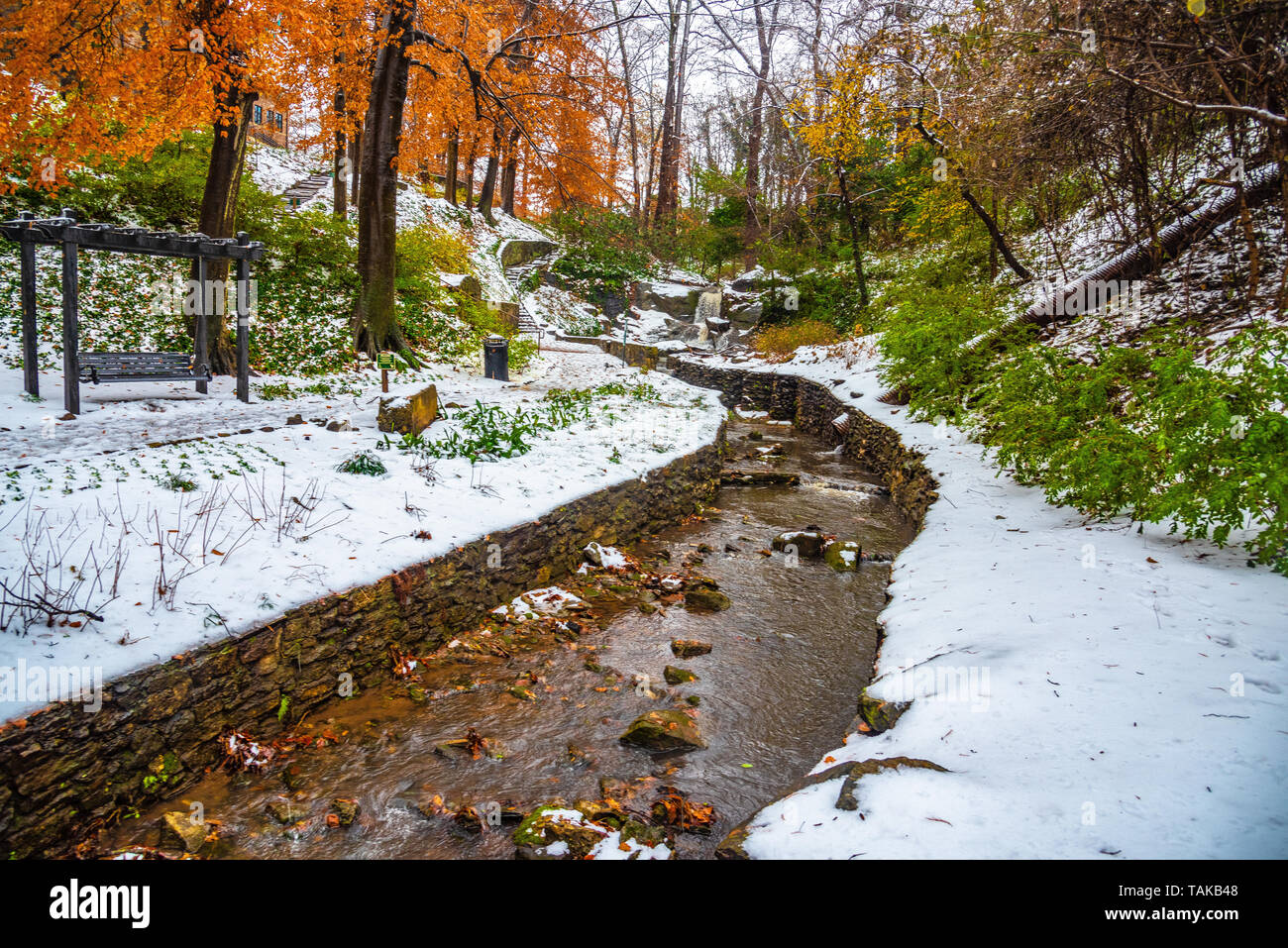 Snowy Falls Park in Downtown Greenville, South Carolina, USA Stock