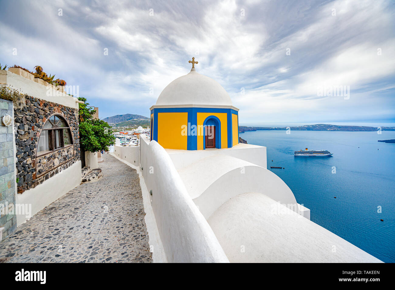 Panoramic View and Streets of Santorini Island in Greece, Shot in Thira, the capital city Stock Photo