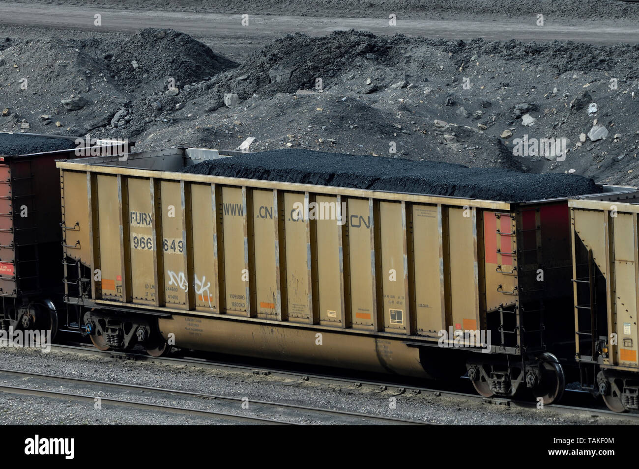 A Canadian National Rail car loaded with coal ore from a coal mine in