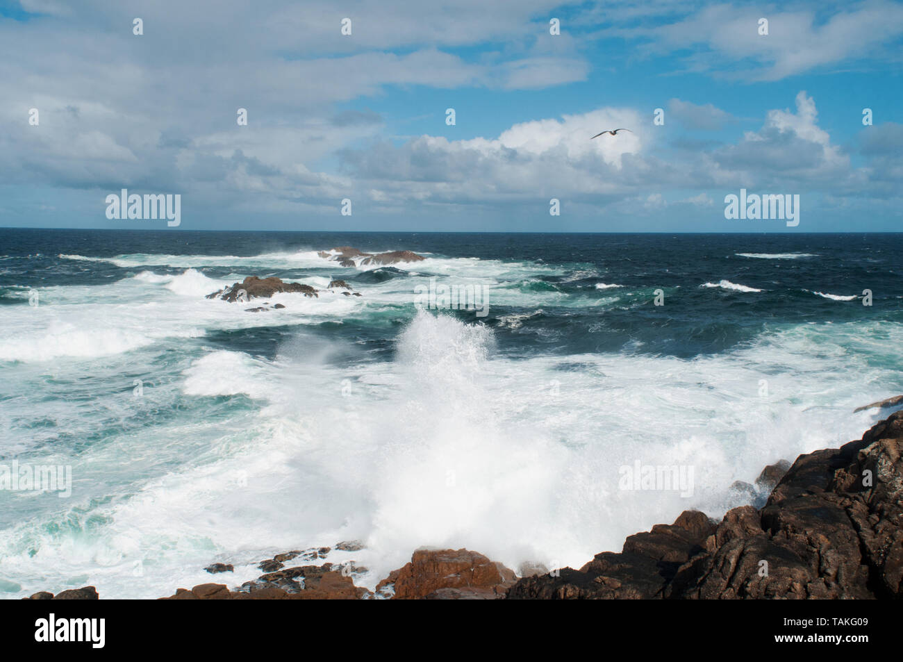 Scenic view of Atlantic Ocean along the coast of Hercule of Towers A Coruna, Galicia, Spain. Stock Photo