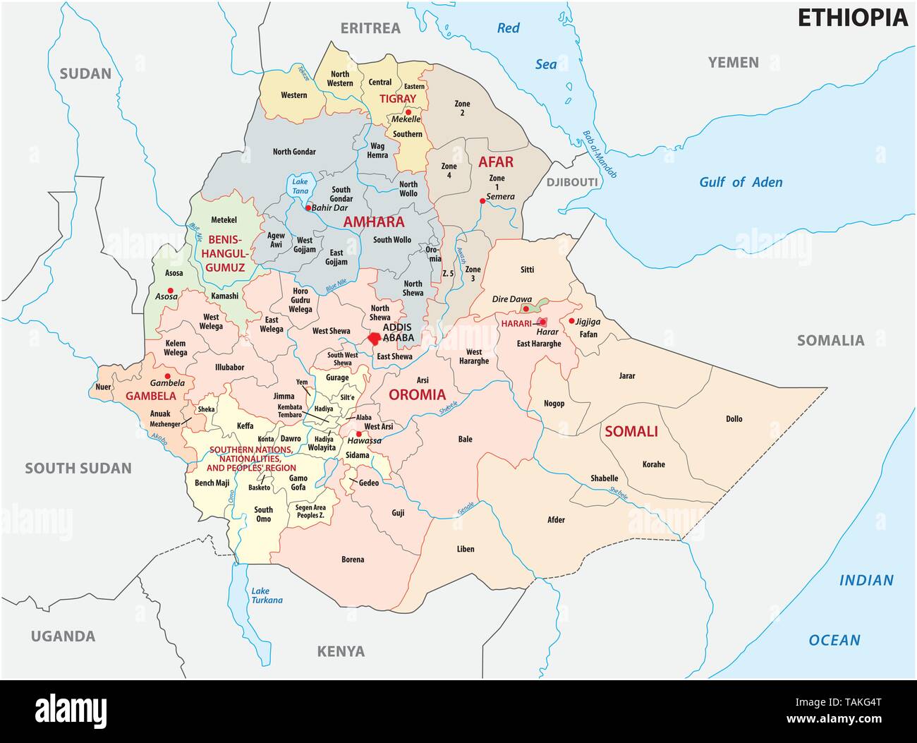 Ethiopia administrative and political map Stock Vector