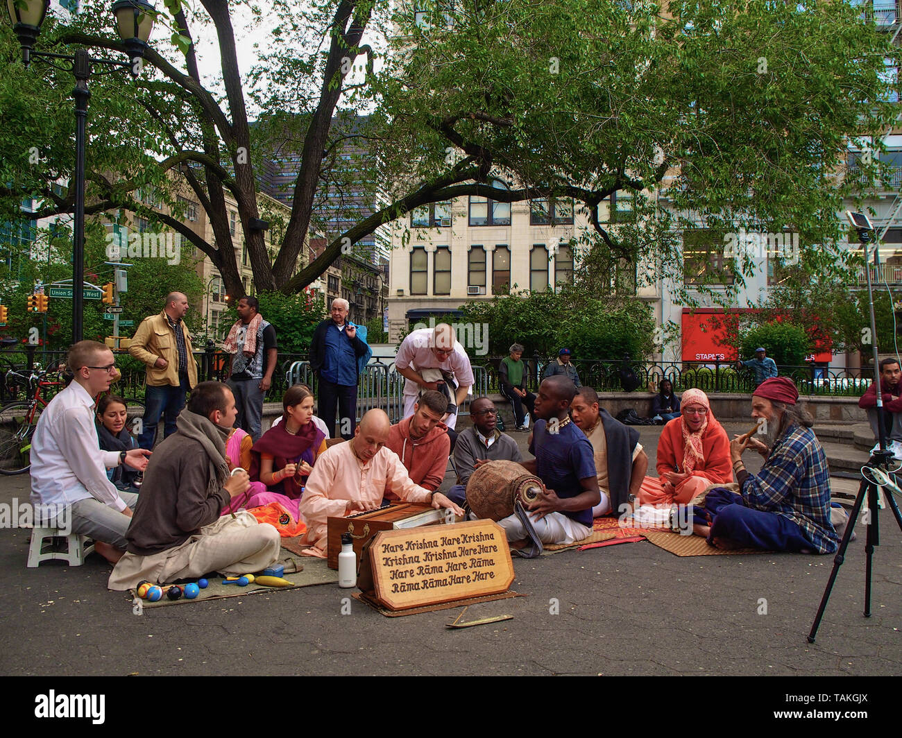 New York - United States, May 22 - 2015    Hare Krishna  playing music in Union Square in New York Stock Photo