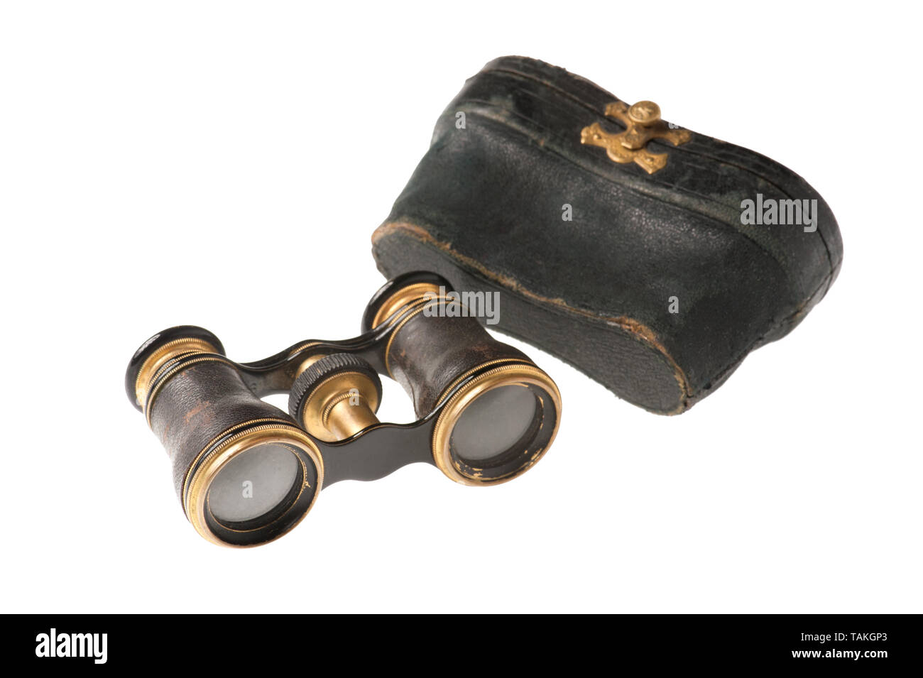 old opera glasses with a case isolated on white background Stock Photo