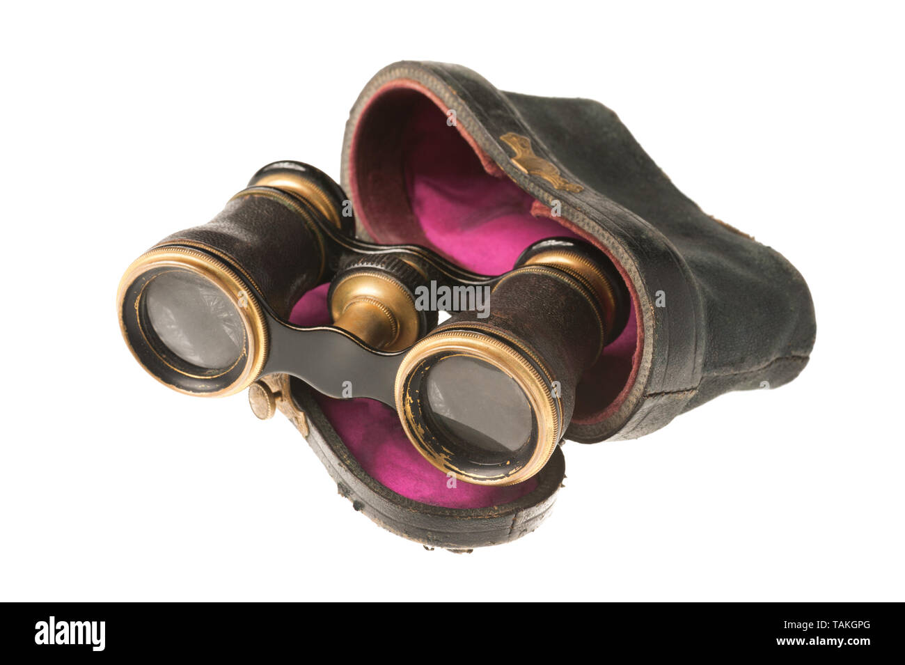 old opera glasses with a case isolated on white background Stock Photo