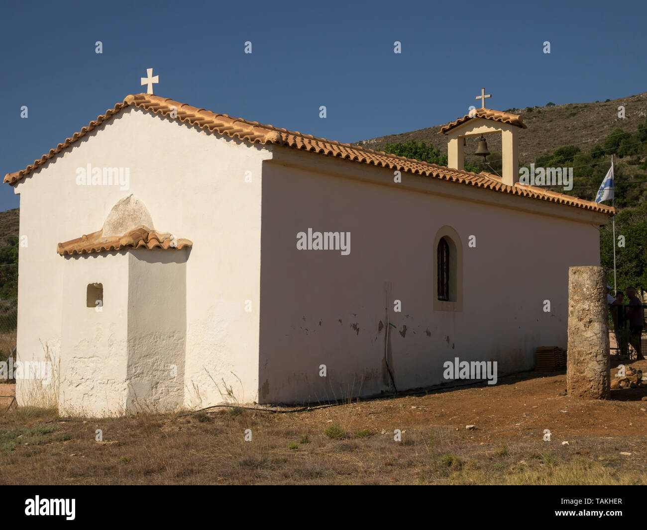 Archaic Temple of Apolo & St George’s church in Skala Cefalonia Greece Stock Photo
