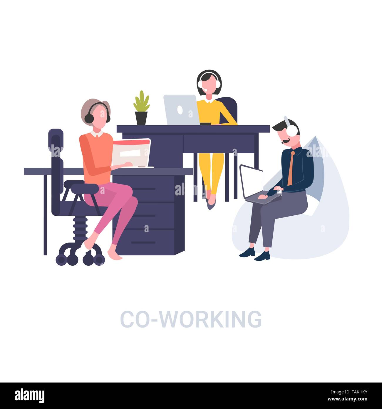 Coworkers In Headset Operators Sitting At Workplace Desks Call