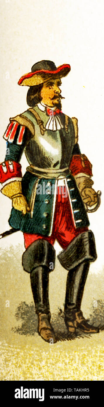 The figure represented here is a French cuirassier around 1600. The illustration dates to 1882. Stock Photo