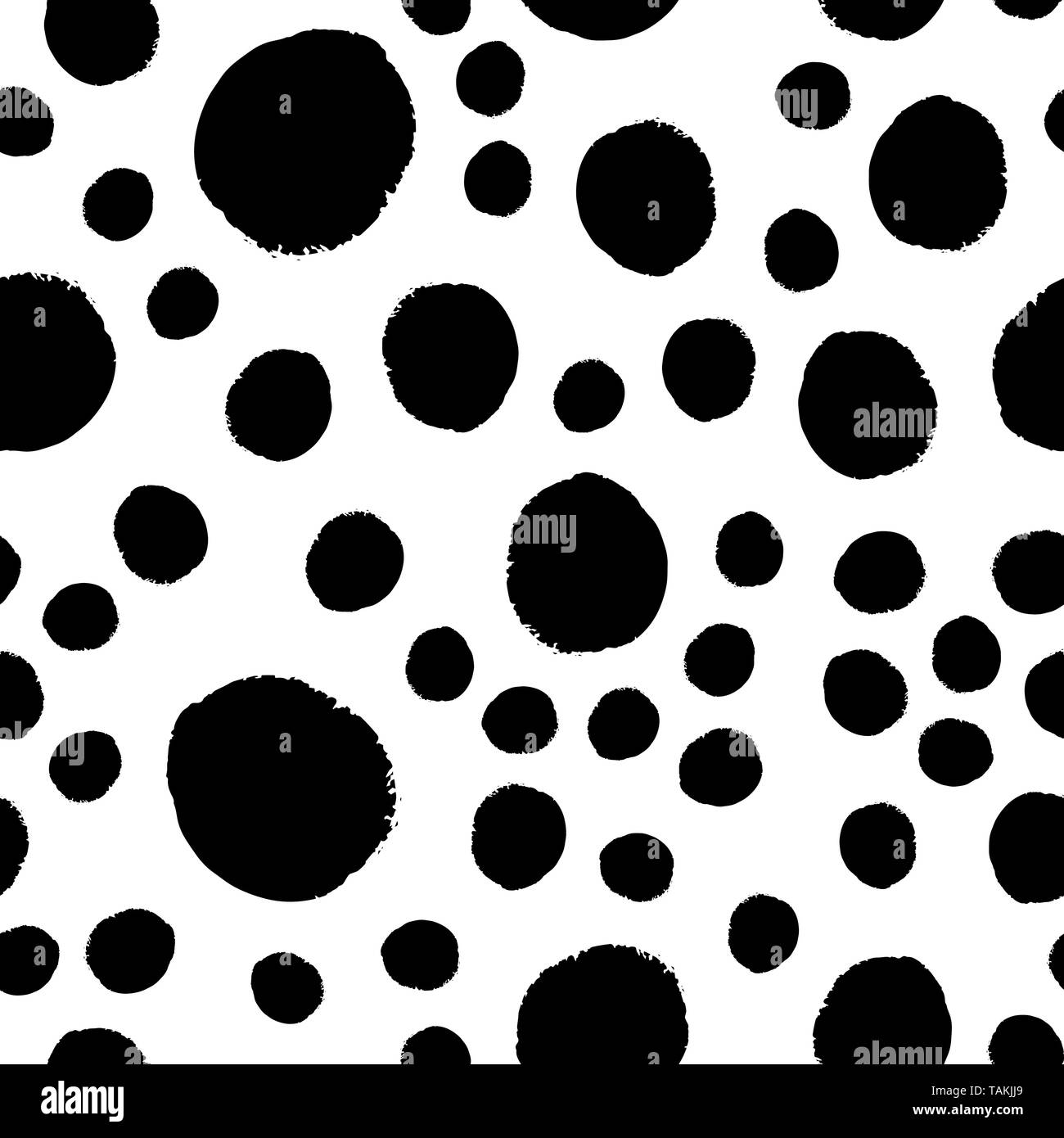 Vector seamless hand draw polka dot brush black and white pattern. Monochrome Scandinavian backgrounds of simple primitive with dots for textile desig Stock Vector