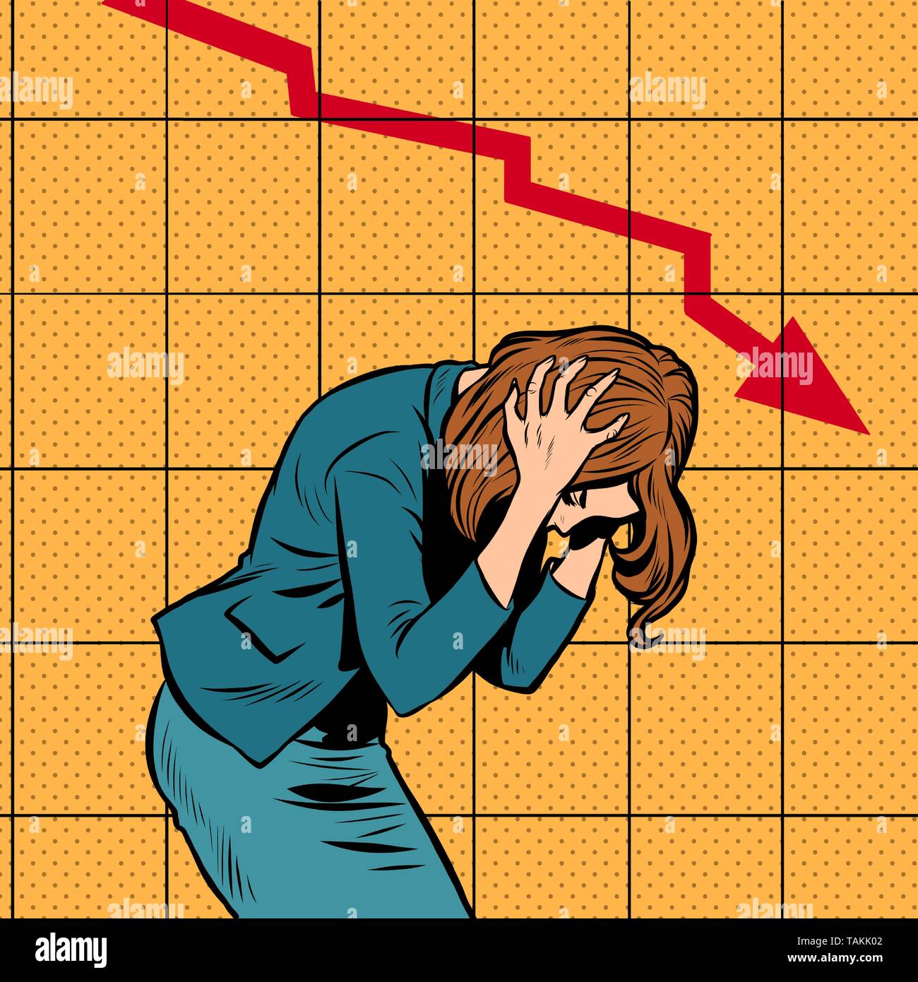 businesswoman woman panic, bankruptcy financial collapse. sales schedule down. Pop art retro vector illustration vintage kitsch Stock Vector