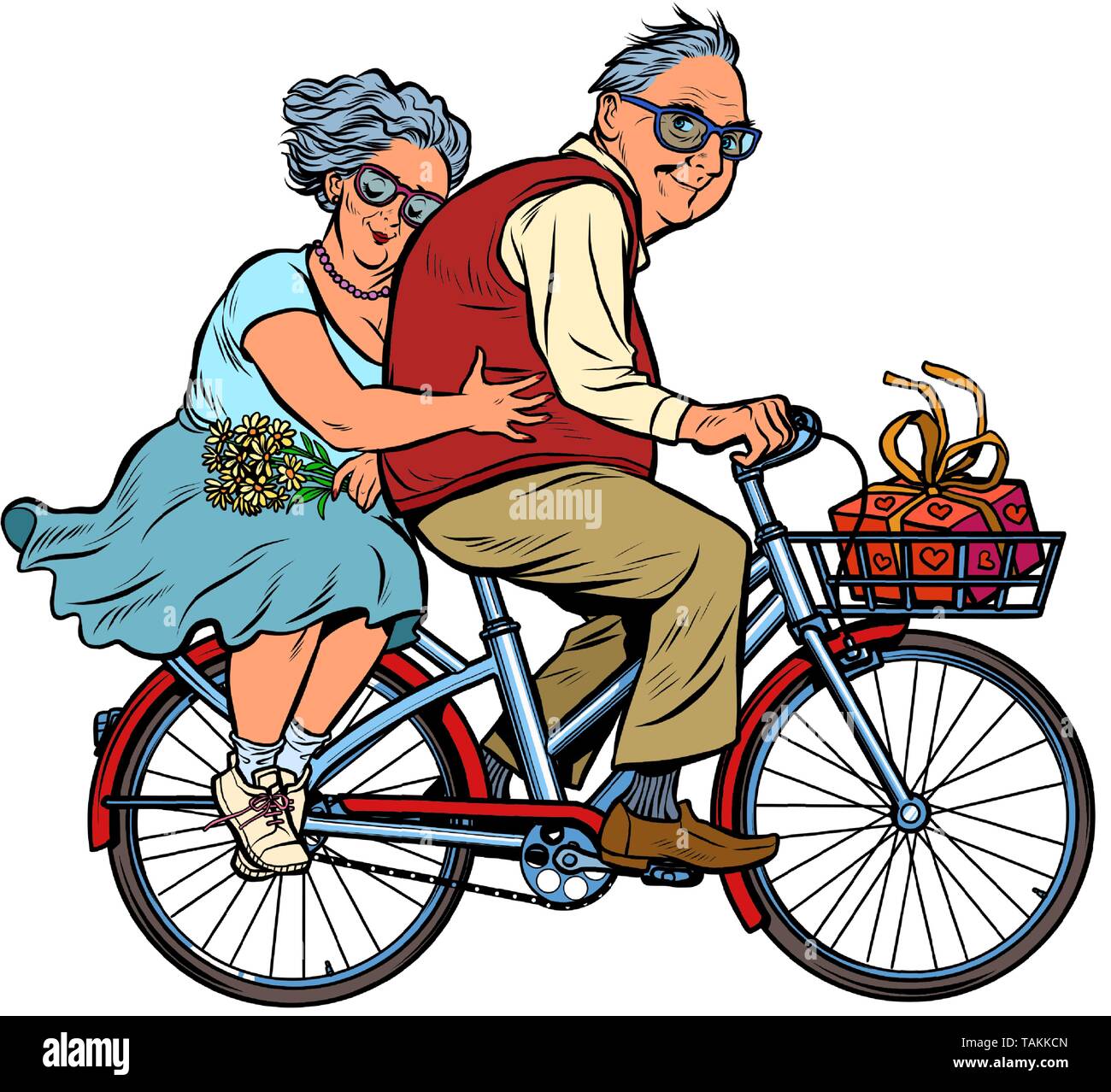 Habeck schließt höhere Spritpreise trotz Tankrabatt nicht aus Old-man-and-woman-couple-in-love-riding-a-bike-active-lifestyle-pop-art-retro-vector-illustration-vintage-kitsch-TAKKCN
