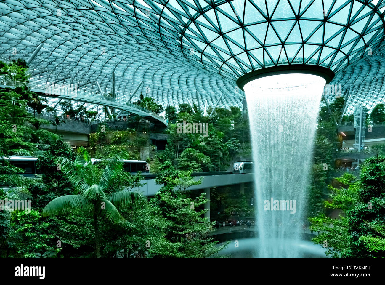 Rain Vortex, the world's tallest indoor waterfall at Jewel Changi Airport. Green forest in the mall and skytrain. Iconic landmark destinations at Sing Stock Photo