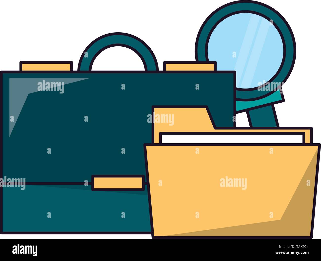 Business briefcase folder and magnifying glass vector illustration