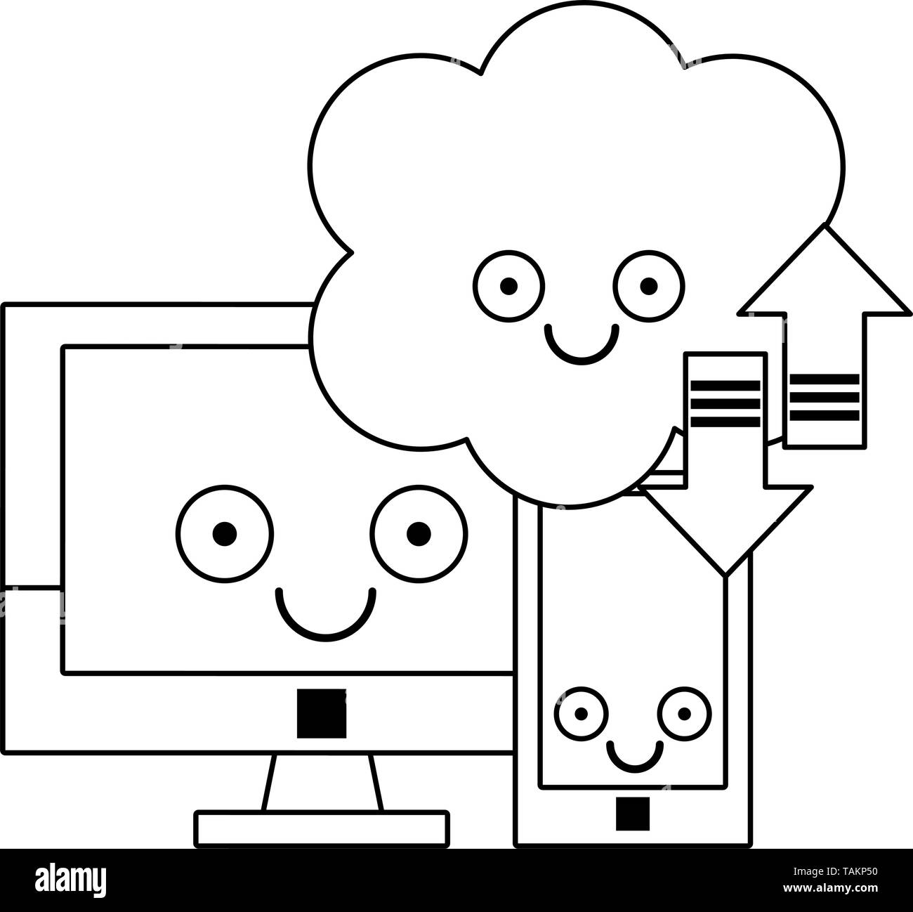 Comouter and smartphone with cloud computer in black and white Stock Vector