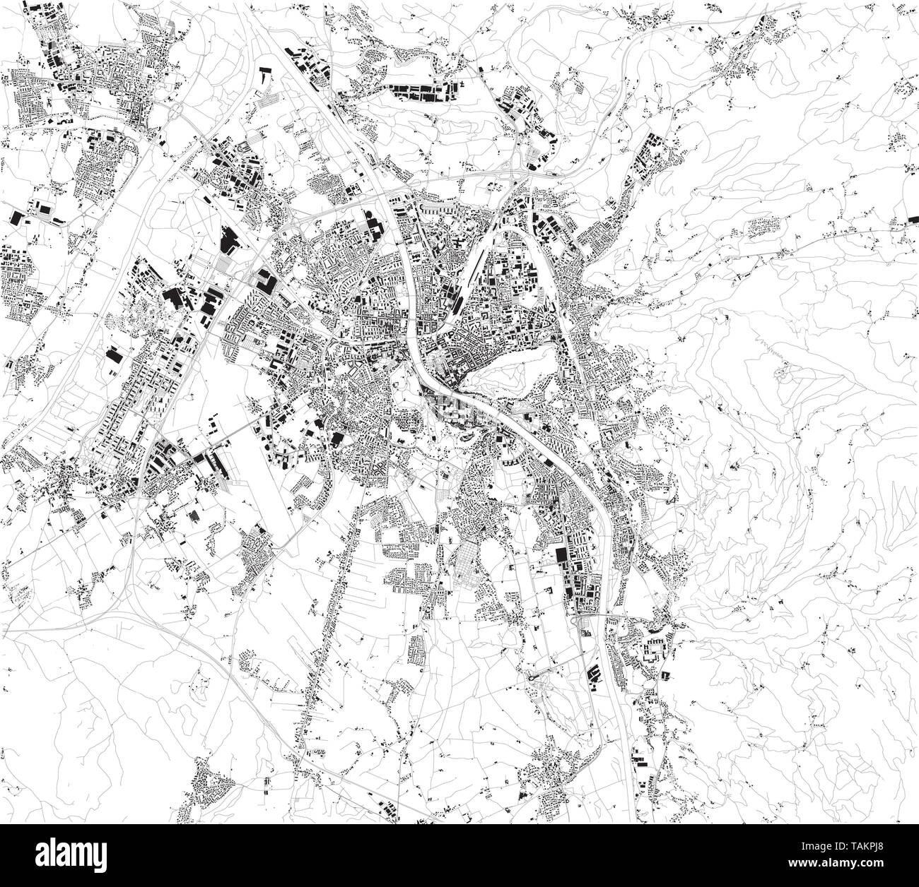 Satellite map of Salzburg. It is the fourth-largest city in Austria. Map of streets and buildings of the town center Stock Vector