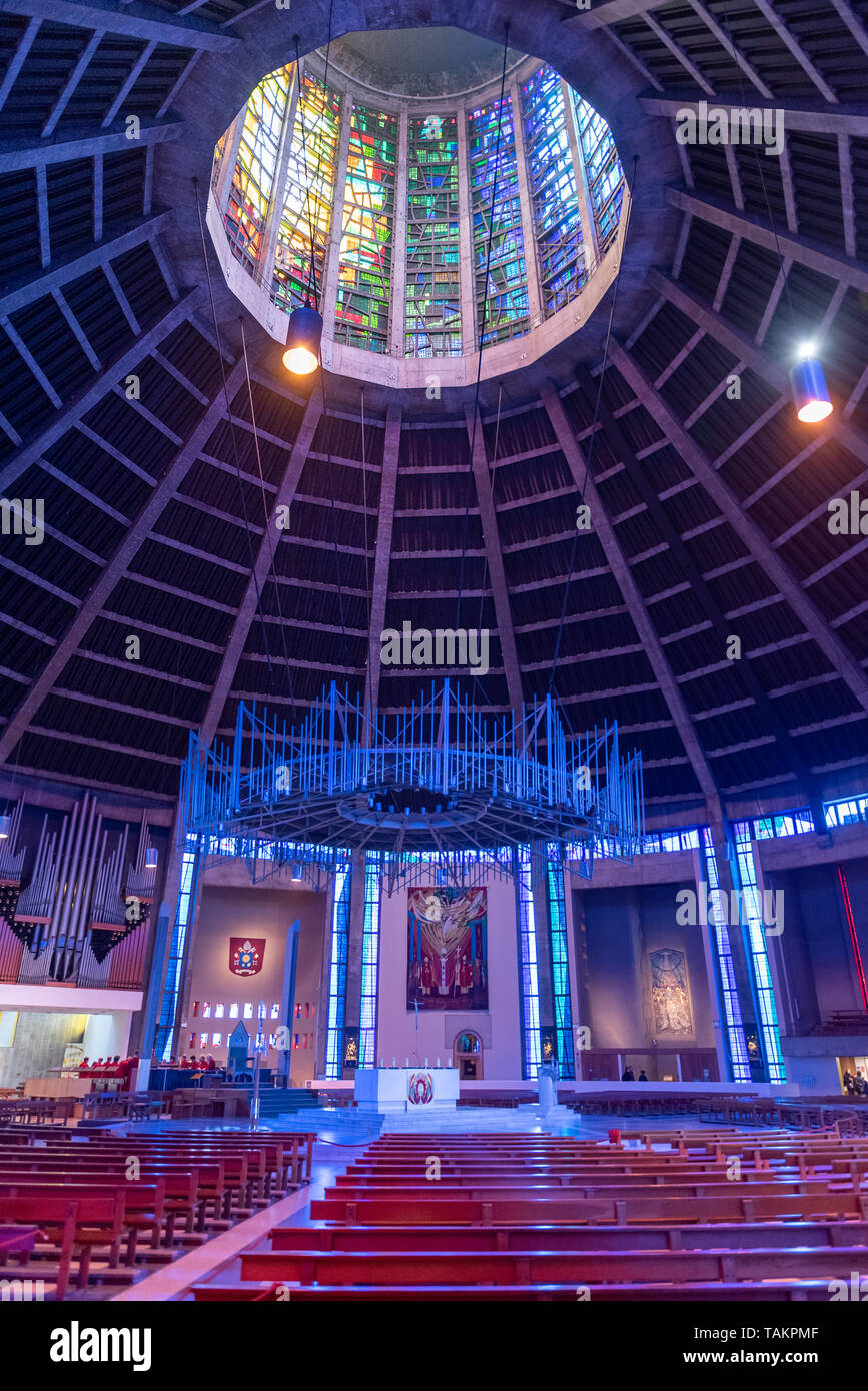 LIVERPOOL, UK, 26 MAY 2019: A view documenting the interior of the  Metropolitan Cathedral of Christ the King, in Liverpool. Stock Photo