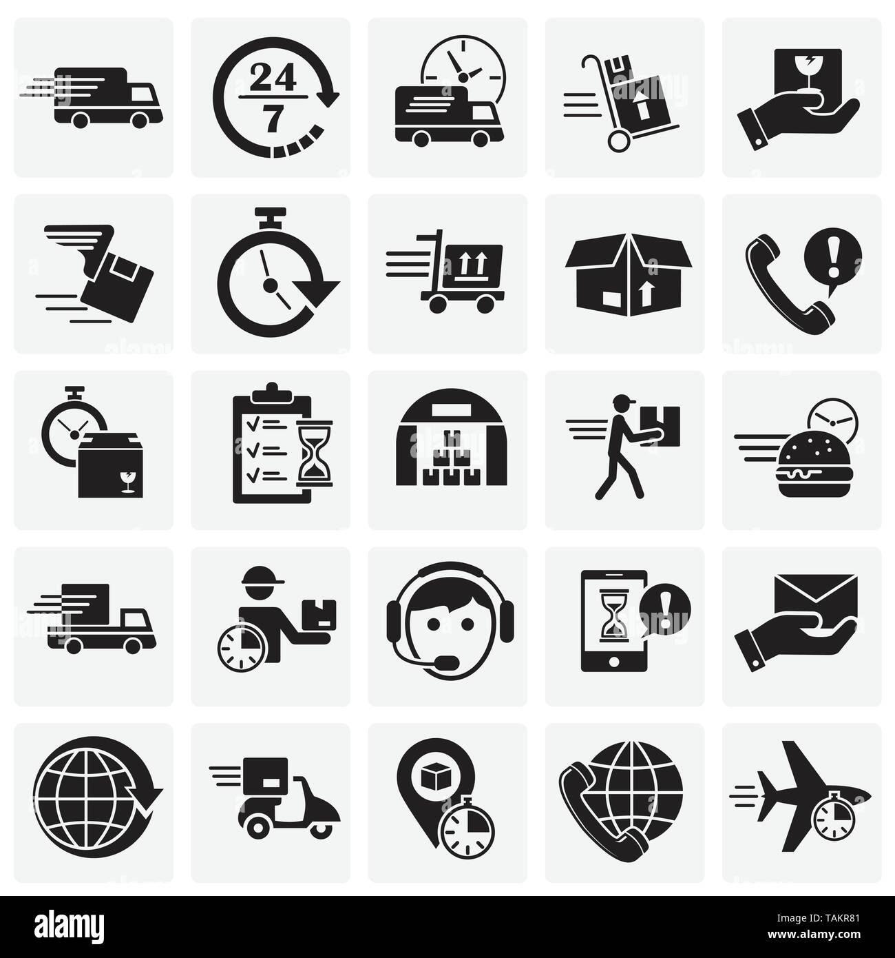 Delivery related icons set on sqaures background for graphic and web ...