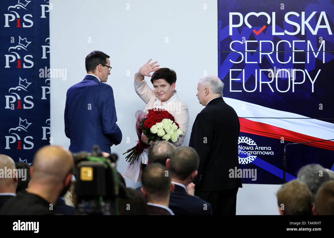 The European Parliament election evening at Law and Justice headquarters on May 26, 2019 in Warsaw, Poland.  Law and Justice gets over 42% of all vote Stock Photo