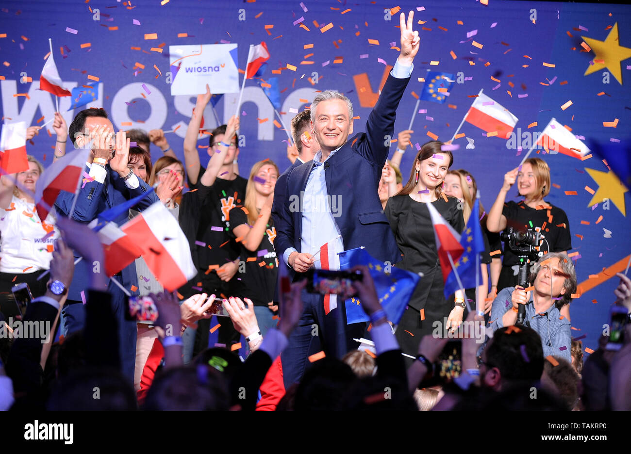 Robert Biedron  The European Parliament election evening at Wiosna (The Spring) headquarters on May 26, 2019 in Warsaw, Poland.   Wiosna gets 6.6% of Stock Photo