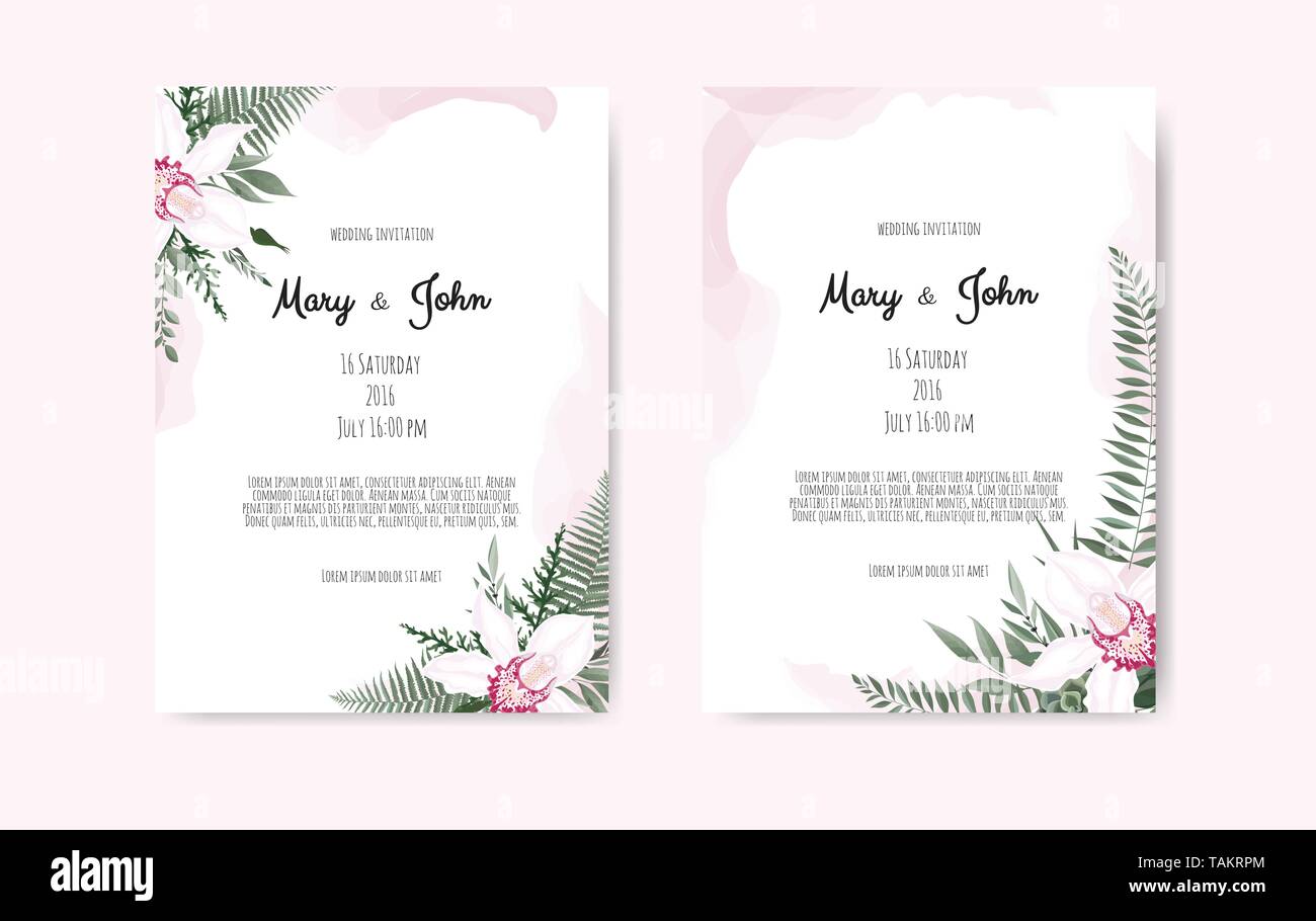 Botanical wedding invitation card template design, white and pink ...