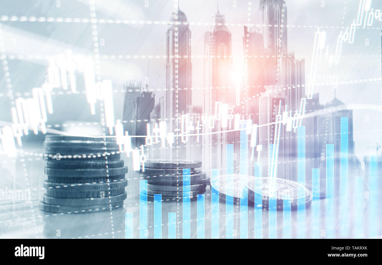 Digital stock market. Financial business stock market graph chart candle stick. Forex trading. Coins and megapolis background. Stock Photo