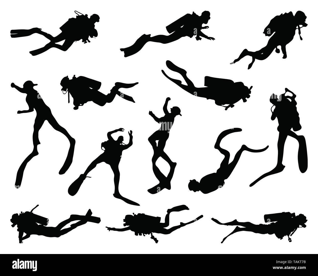 Black silhouettes of divers on a white background Stock Photo