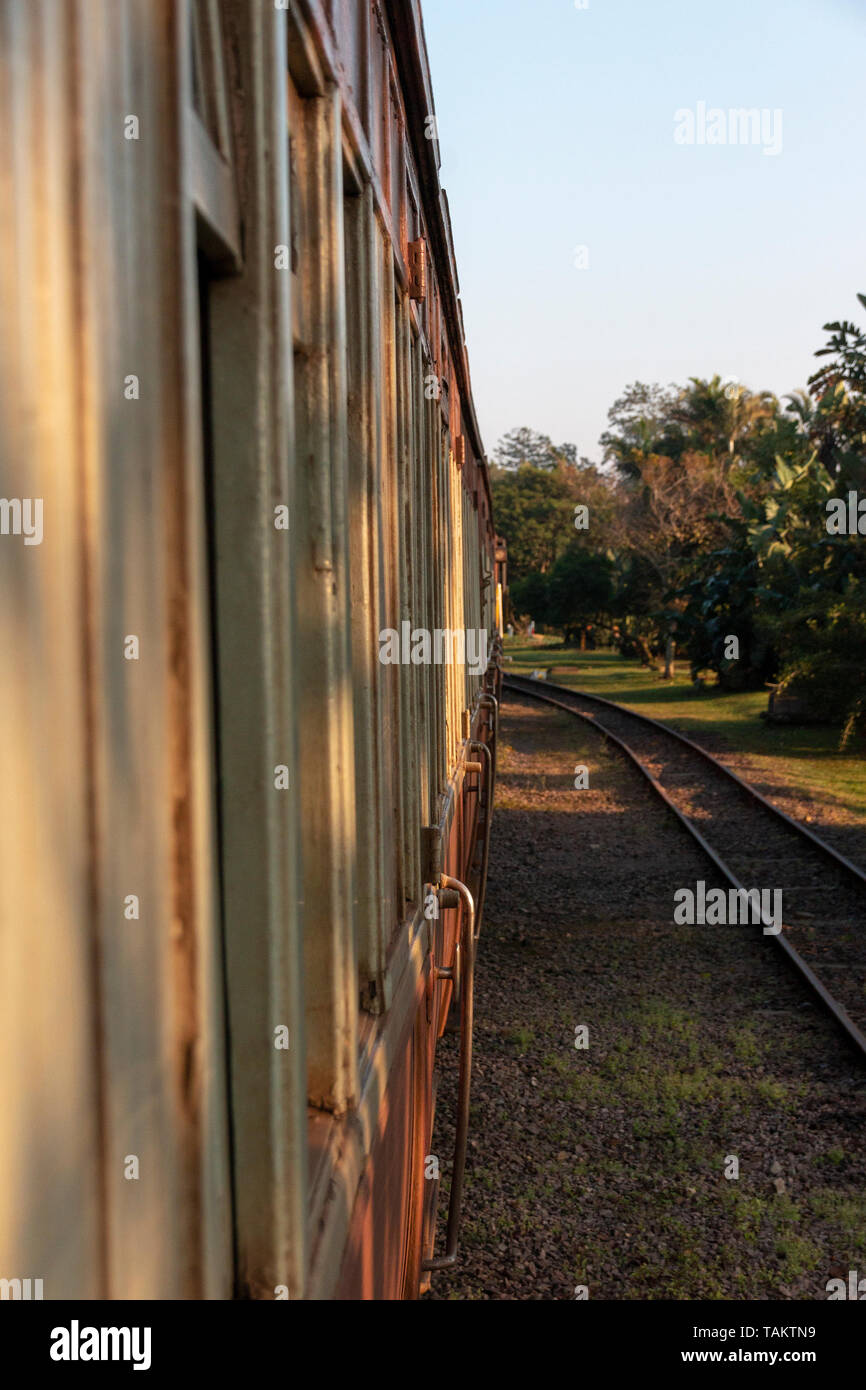 A close up view of the side of the train carriages Stock Photo