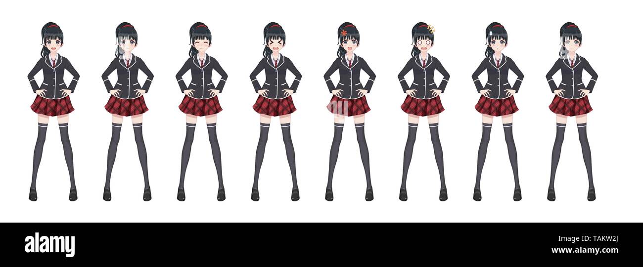 Anime Manga Girl Cartoon Character In Japanese Style Student Girl In A Black Blazer A Red Skirt In A Cage Set Of Emotions Sprite Full Length Char Stock Vector Image Art Anime Manga Girl Cartoon Character In Japanese Style Student Girl In A Black Blazer A Red Skirt In A Cage Set Of Emotions Sprite Full Length Char Stock Vector Image Art