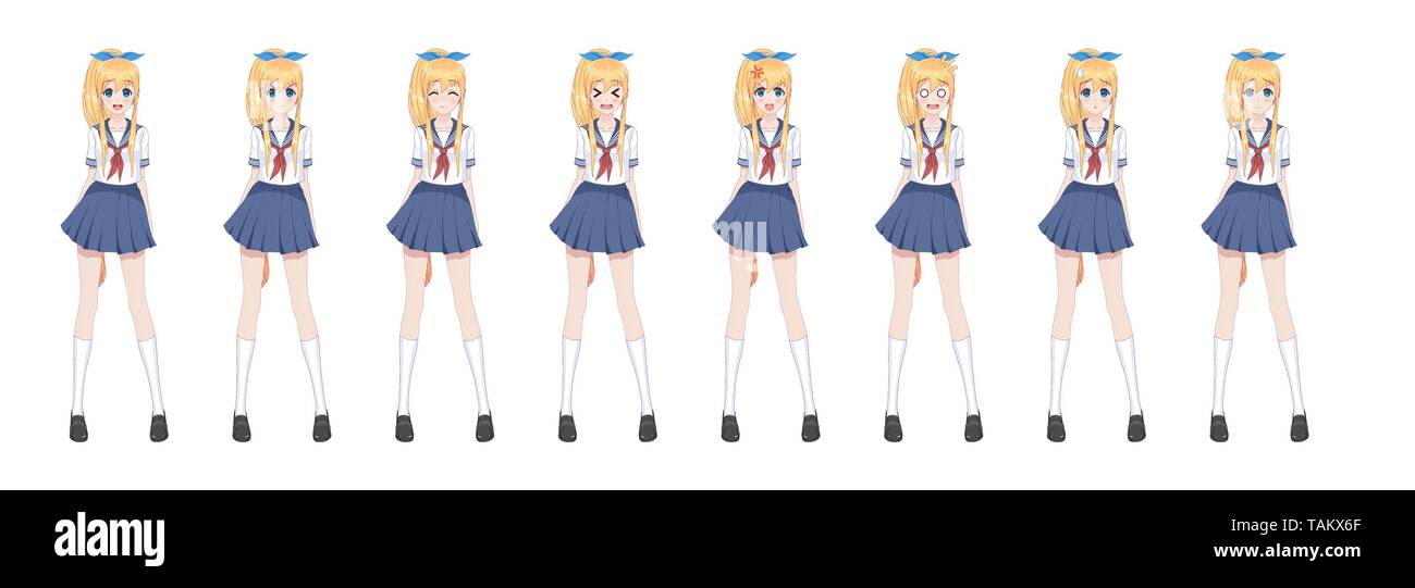 Anime Manga Girl Cartoon Character In Japanese Style School Girl In A Sailor Suit Blue Skirt Set Of Emotions Sprite Full Length Character For Game V Stock Vector Image Art Alamy