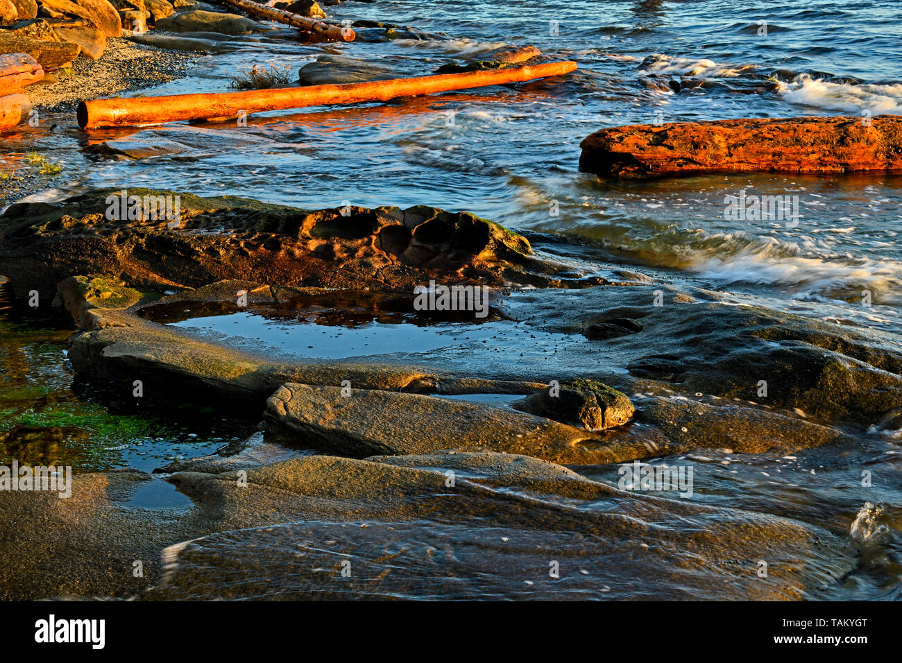 A horizontal image of waves splashing on a rocky shoreline with the beautiful warm light of the early morning on Vancouver Island British Columbia Can Stock Photo