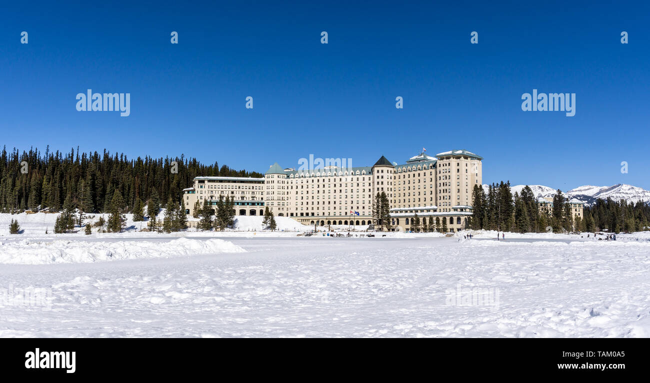 Lake Louise, CANADA - MARCH 20, 2019: Fairmont Chateau and frozen lake ...