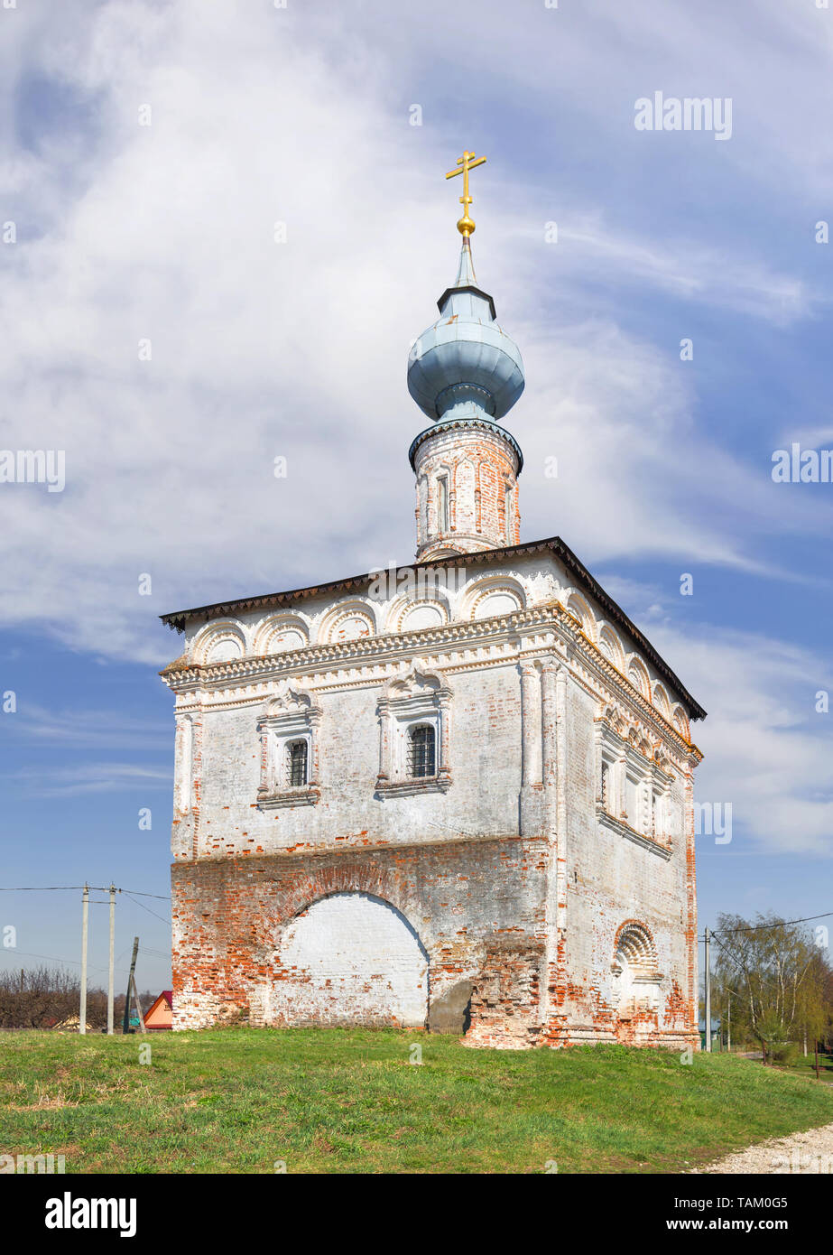 The shabby building of Church of the Theotokos of Tikhvin (or Tikhvinsky Temple) in sunny spring day. Suzdal, Vladimir Region, Russia Stock Photo