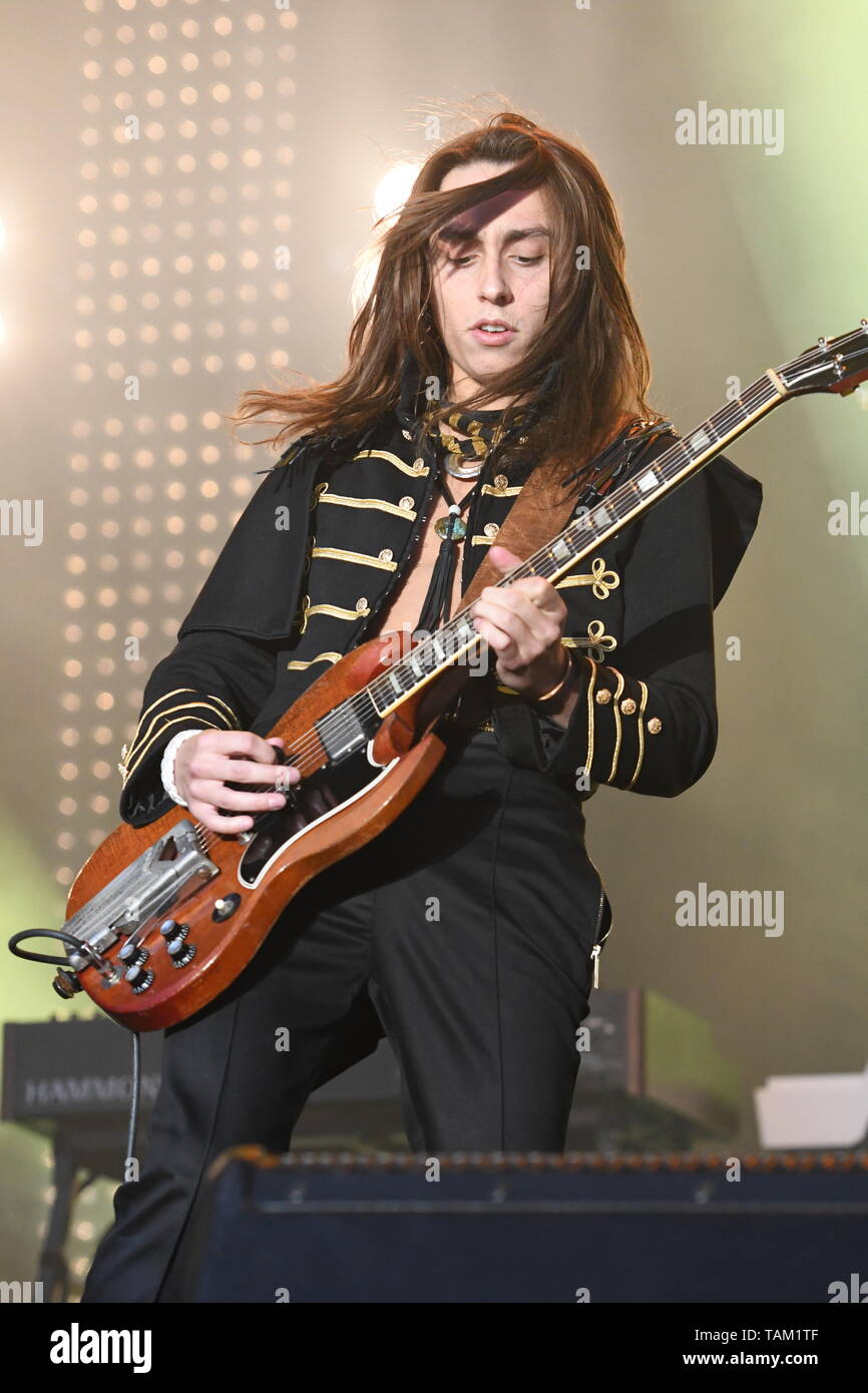 Guitarist Jake Kiszka is shown performing stage during a "live" concert  appearance with Greta Van Fleet Stock Photo - Alamy